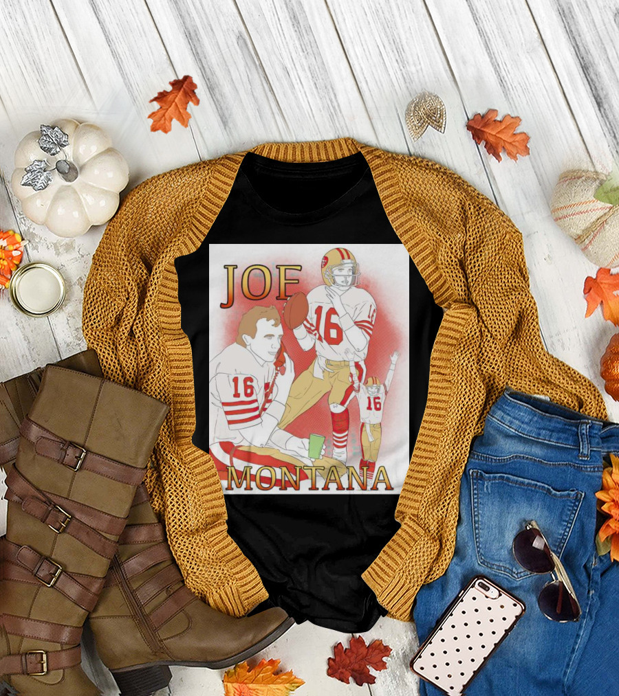 Joe Montana Football Quarterback Collage 16 Red and Gold T-Shirt