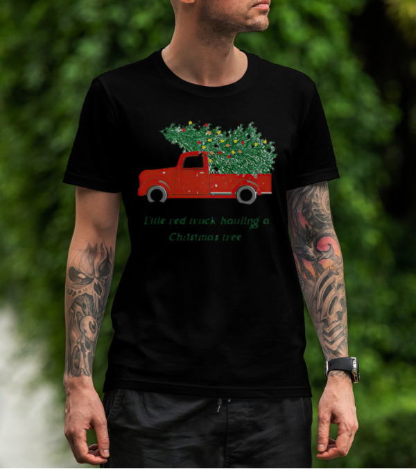 Little Red Truck Hauling Christmas Tree Festive Vintage Holiday Scene T-Shirt