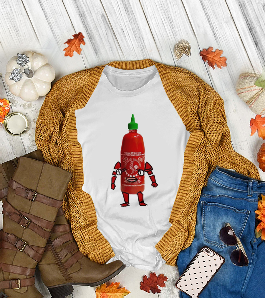Sriracha Sauce Animated Bottle Character with Green Cap T-Shirt
