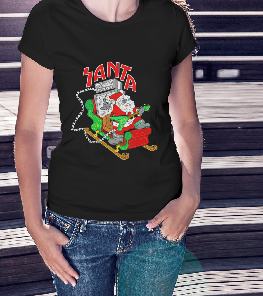 Santa Rocks Sleigh With Guitar And Amps Christmas T-Shirt