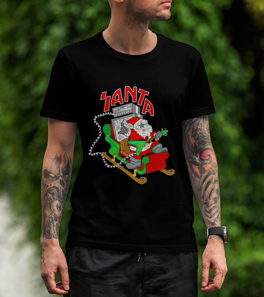 Santa Rocks Sleigh With Guitar And Amps Christmas T-Shirt