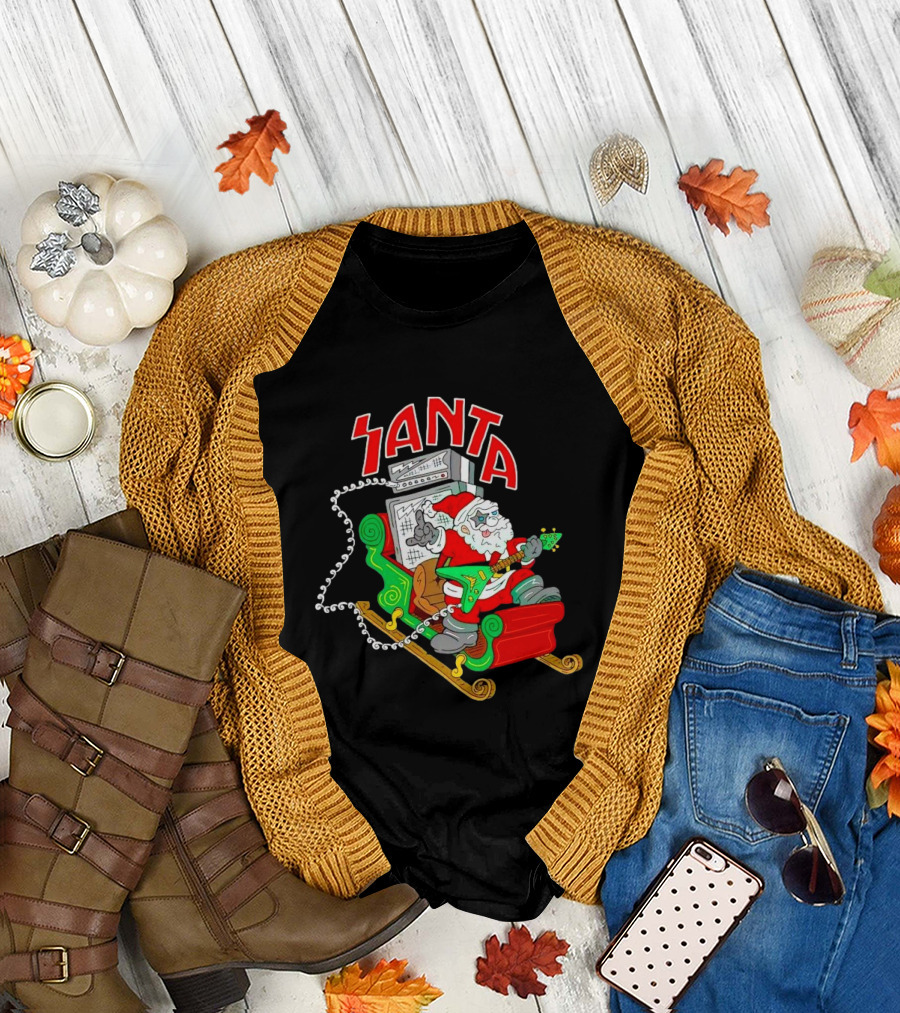 Santa Rocks Sleigh with Guitar and Amps Christmas T-Shirt