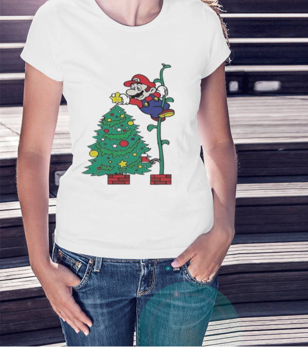 Super Mario Decorating Christmas Tree With Power-Up Star And Brick Blocks T-Shirt