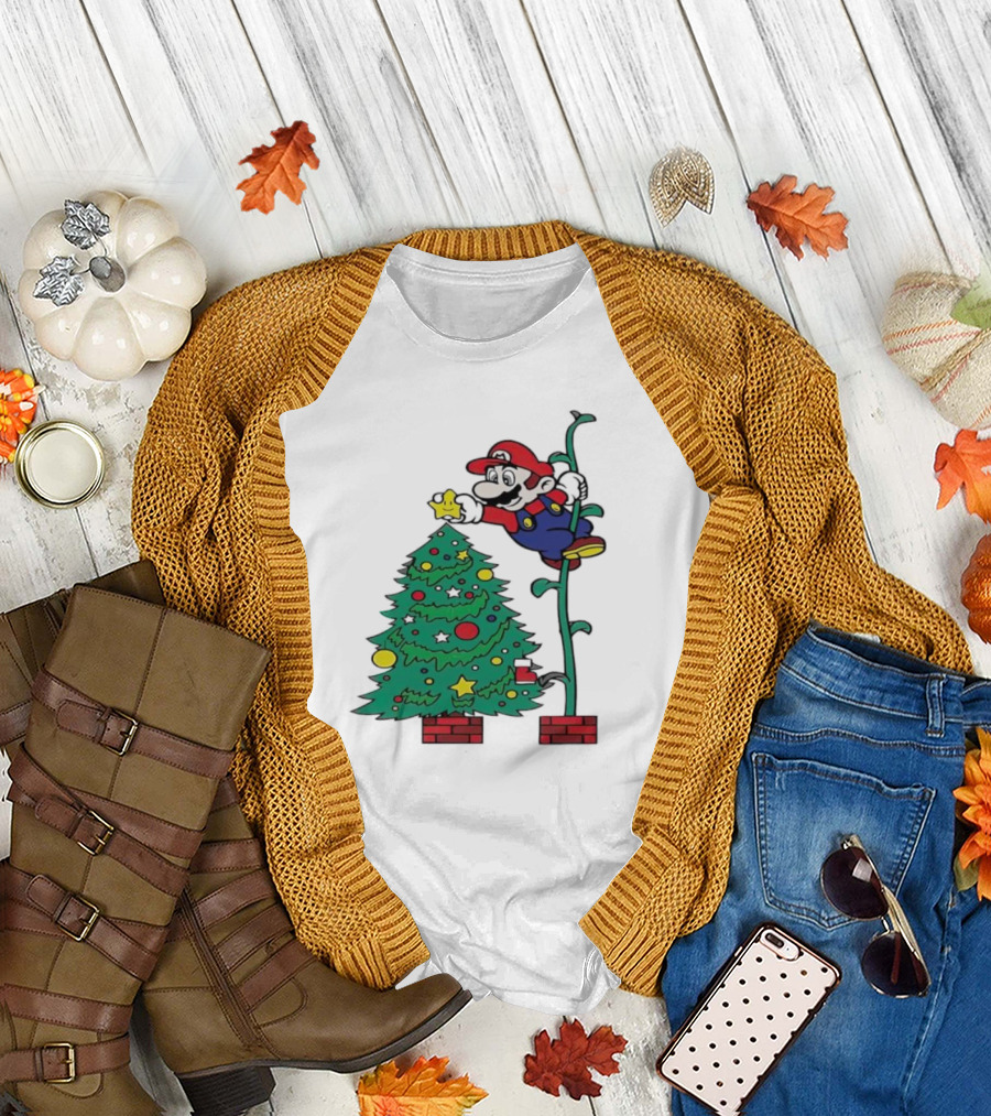 Super Mario Decorating Christmas Tree with Power-Up Star and Brick Blocks T-Shirt