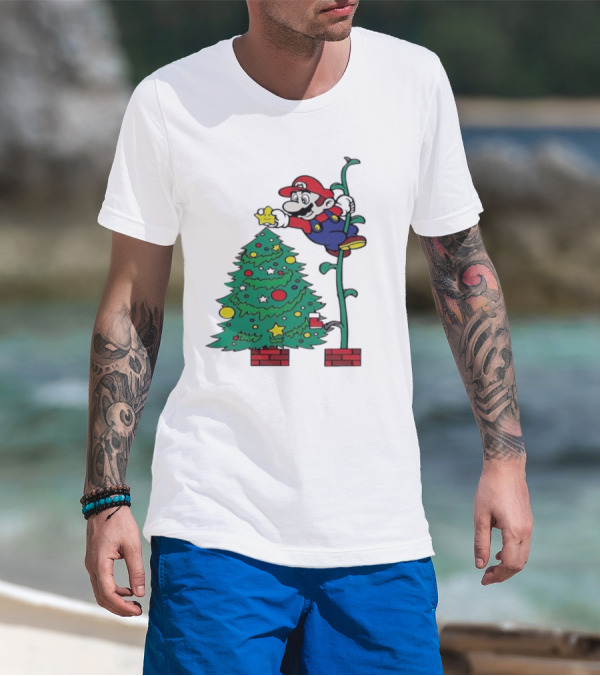 Super Mario Decorating Christmas Tree With Power-Up Star And Brick Blocks T-Shirt