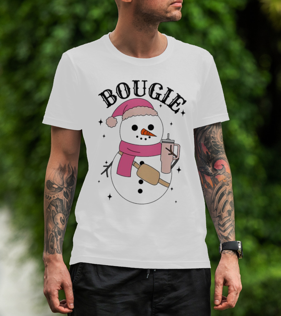 BOUGIE Snowman In Pink Hat And Scarf With Drink Cup T-Shirt