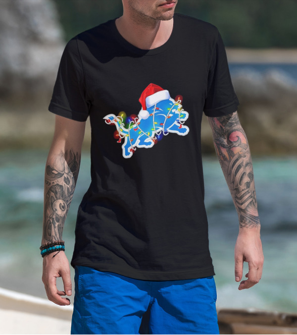 Detroit Lions Christmas Lights Santa Hat Holiday Football T-Shirt