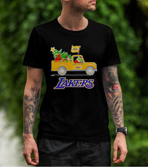 Grinch Driving Los Angeles Lakers Truck With Christmas Tree T-Shirt