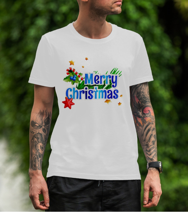 Merry Christmas Candy Cane Holly Pine Red Star T-Shirt
