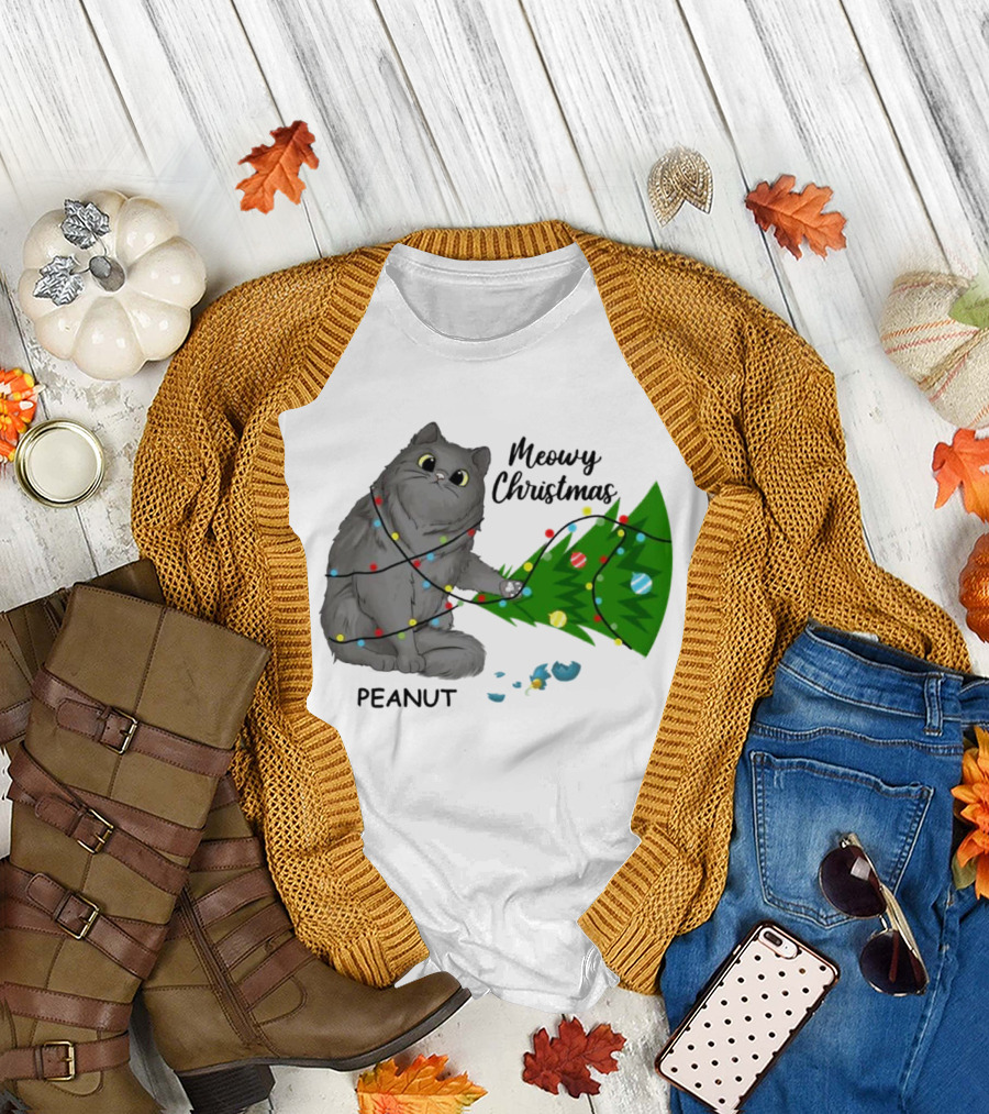 Meowy Christmas Cat Wrapped in Lights with Custom Name Peanut T-Shirt