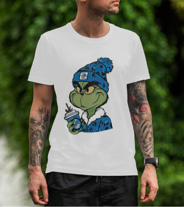 Grinch Wearing Detroit Lions Winter Outfit Holding Drink Christmas T-Shirt