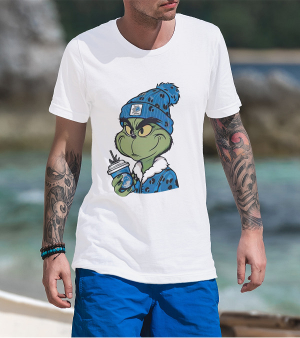 Grinch Wearing Detroit Lions Winter Outfit Holding Drink Christmas T-Shirt