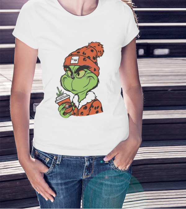 Grinch Wears Orange Beanie Holds Browns Mug Christmas T-Shirt