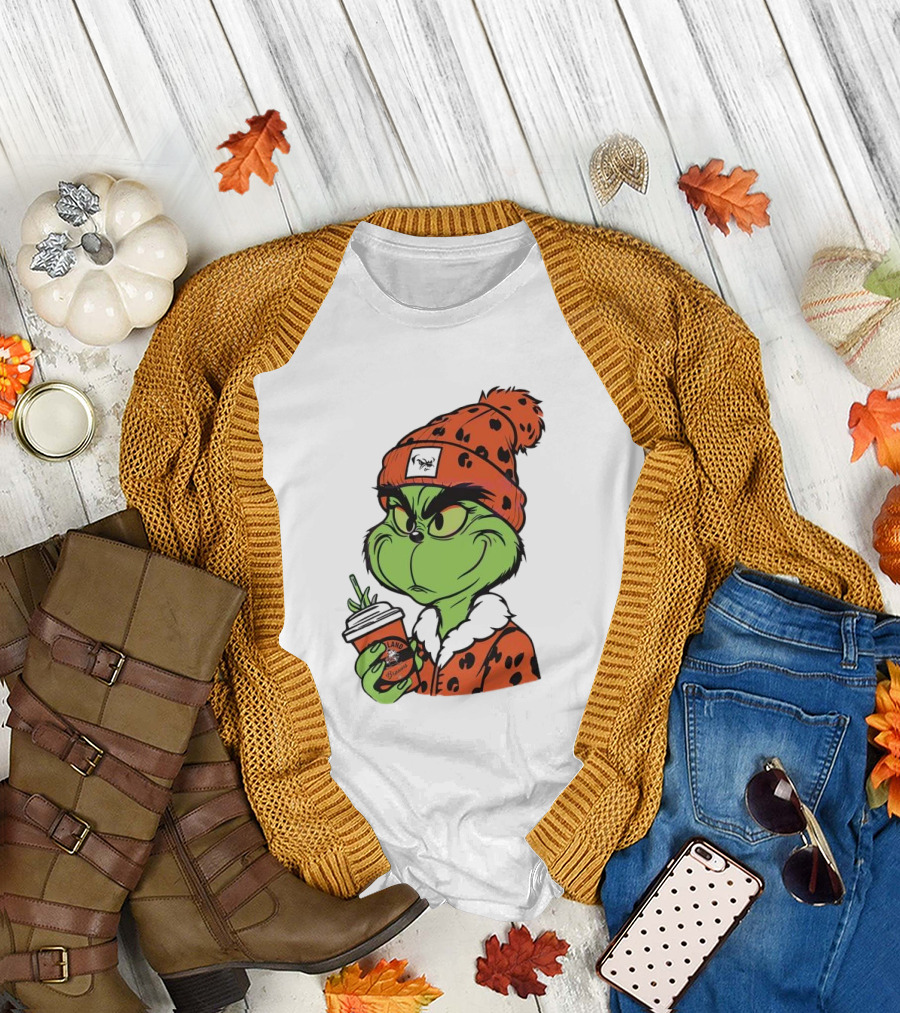 Grinch Wears Orange Beanie Holds Browns Mug Christmas T-Shirt