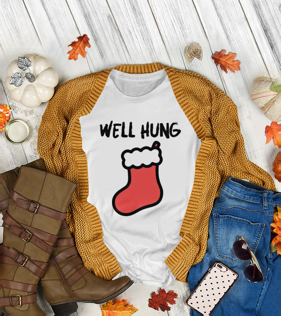 Well Hung Red Christmas Stocking Holiday Pun T-Shirt