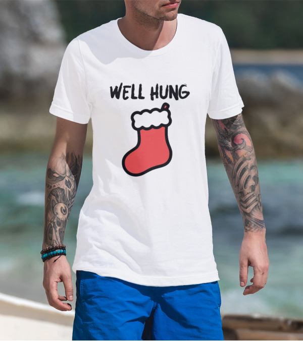 Well Hung Red Christmas Stocking Holiday Pun T-Shirt