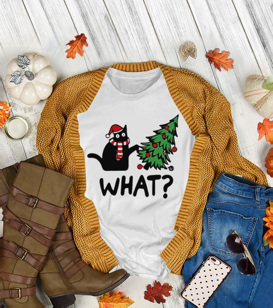 What Cat Christmas Santa Hat Tree T-Shirt