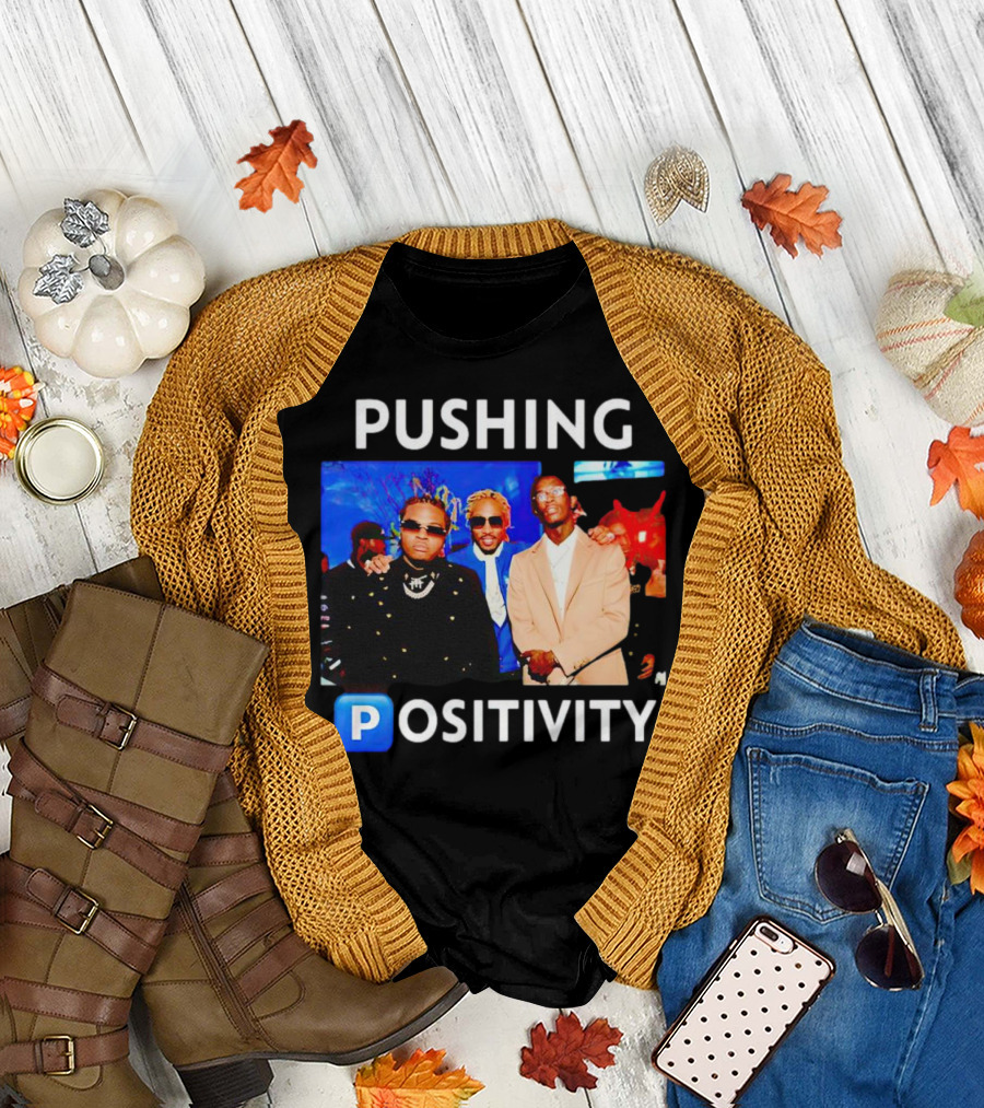 Pushing Positivity Iconic Trio with Blue Background T-Shirt