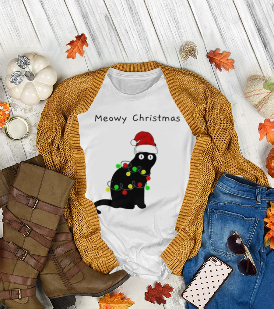 Meowy Christmas Santa Cat with Lights T-Shirt