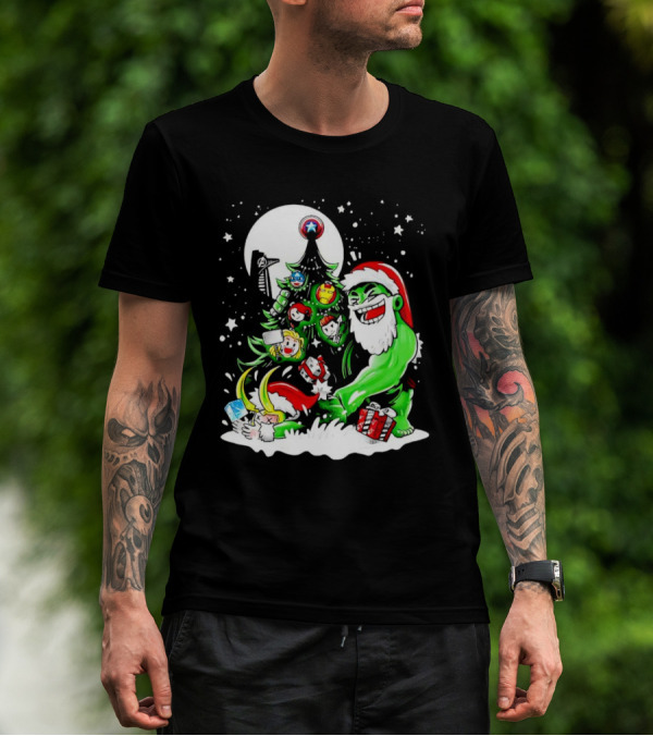 The Avengers Marvel Characters Christmas Tree With Hulk Santa And Superhero Ornaments T-Shirt