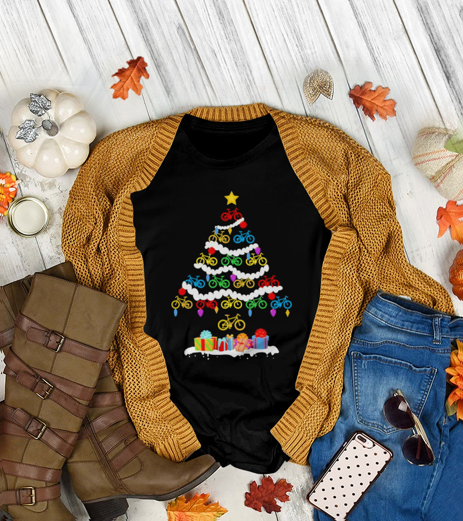 Colorful Bicycle Christmas Tree with Star and Presents T-Shirt