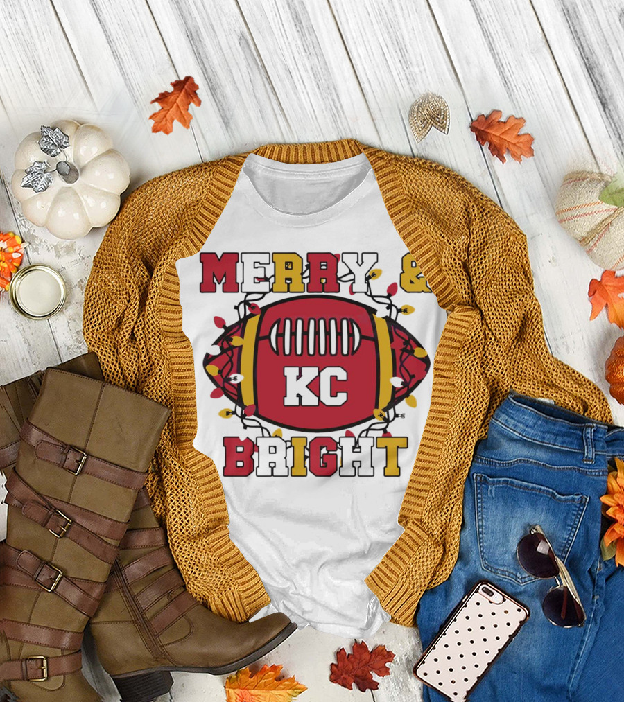 Kansas City Chiefs Merry and Bright Christmas KC Football Lights T-Shirt