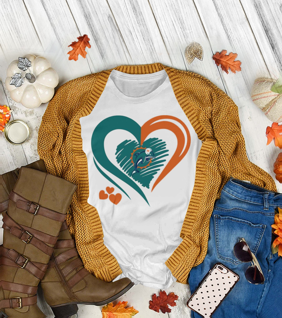 Miami Dolphins Heart Shape Emblem with Three Small Hearts T-Shirt