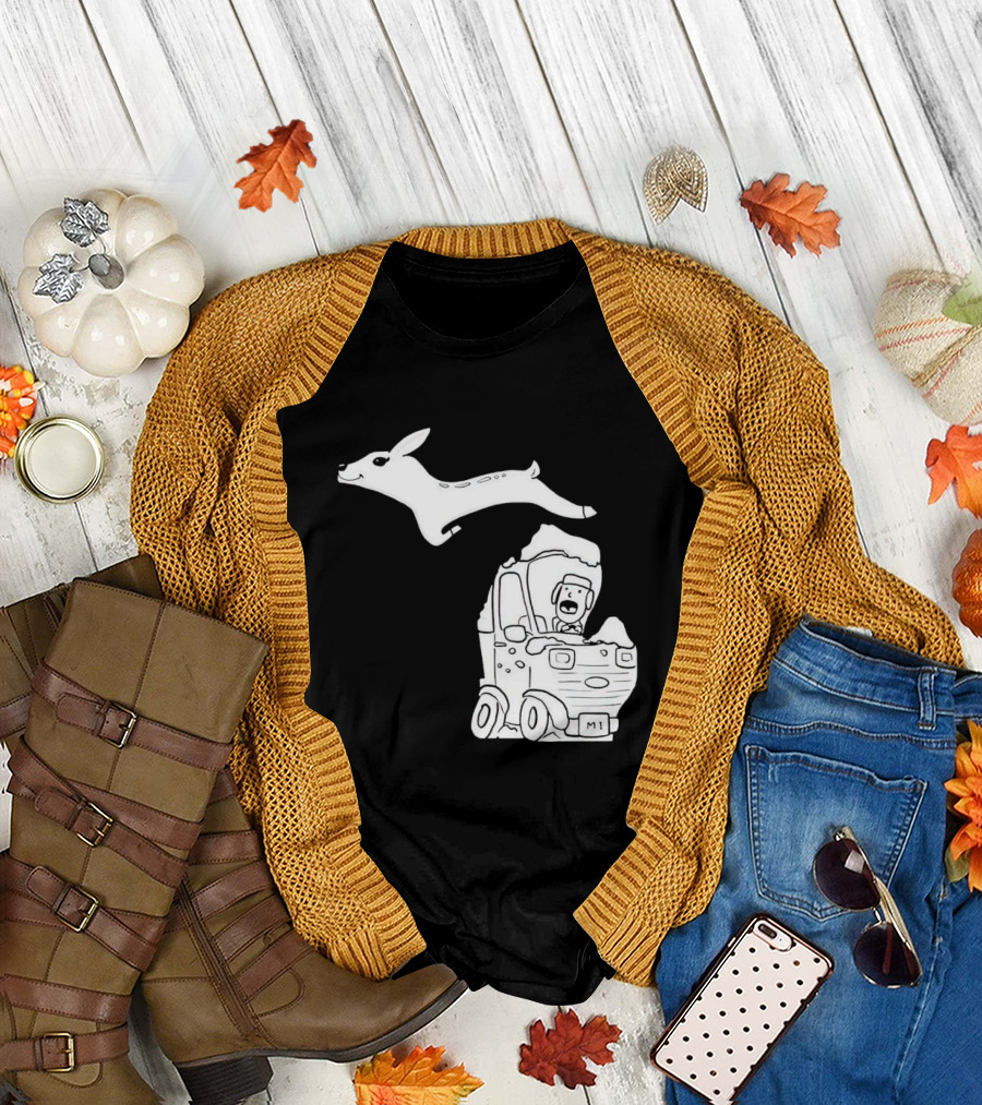 Michigan Deer Leaping Over Snowy Car with Driver T-Shirt