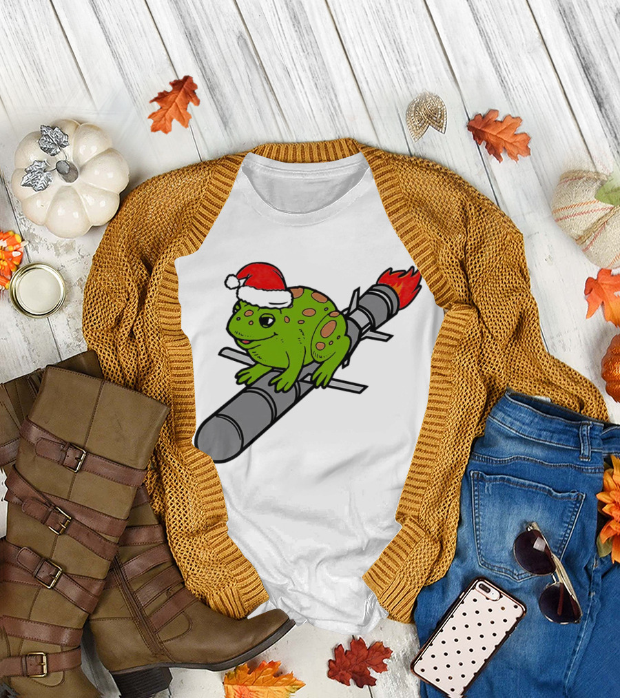 Missile Toad Christmas Frog with Santa Hat Riding a Rocket T-Shirt