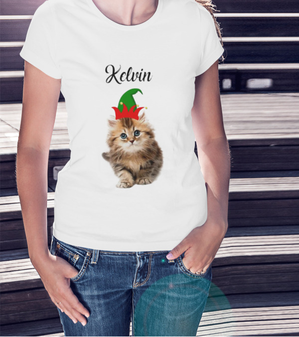Kelvin Cat Wearing Elf Hat Merry Christmas Custom Name T-Shirt