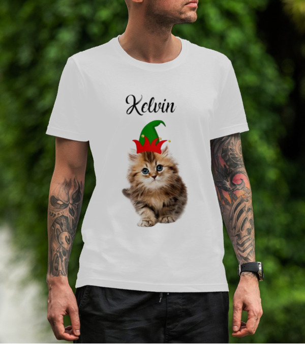 Kelvin Cat Wearing Elf Hat Merry Christmas Custom Name T-Shirt