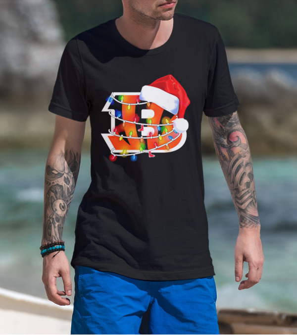 Cincinnati Bengals Christmas Lights Santa Hat Logo Holiday Football T-Shirt