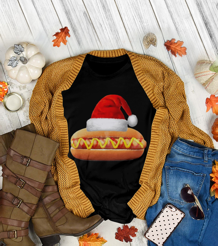 Santa Hat Hot Dog Christmas Family Dinner T-Shirt