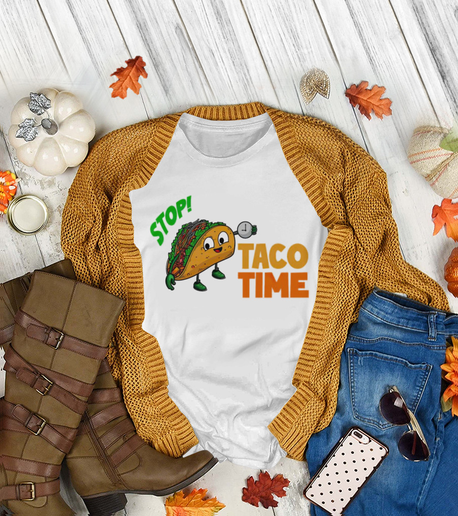 STOP Taco Time Clock Cartoon T-Shirt