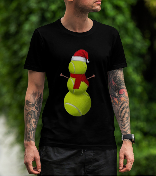 Tennis Ball Snowman With Santa Hat And Scarf Merry Christmas T-Shirt