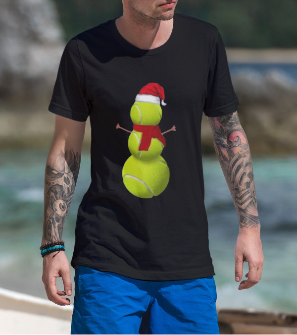 Tennis Ball Snowman With Santa Hat And Scarf Merry Christmas T-Shirt