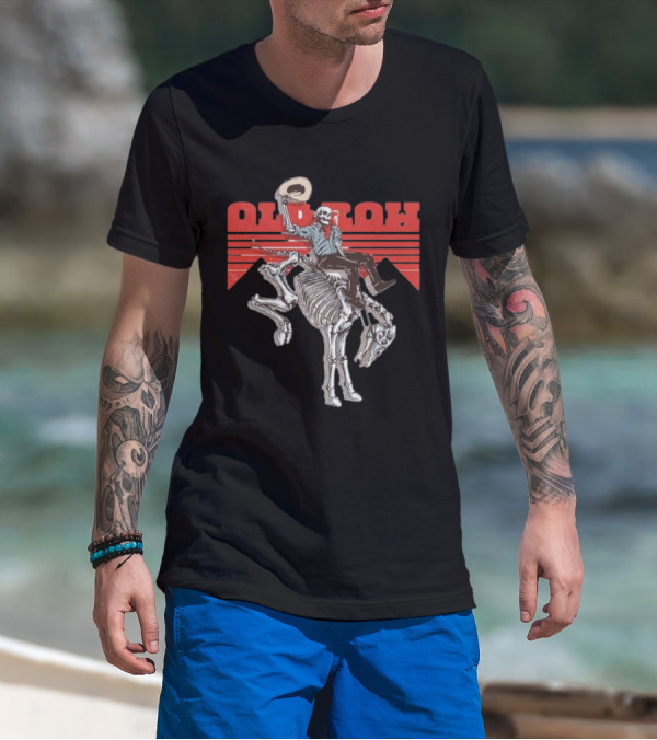Old Row Skeleton Cowboy Riding A Skeleton Horse With Red Background Stripes T-Shirt