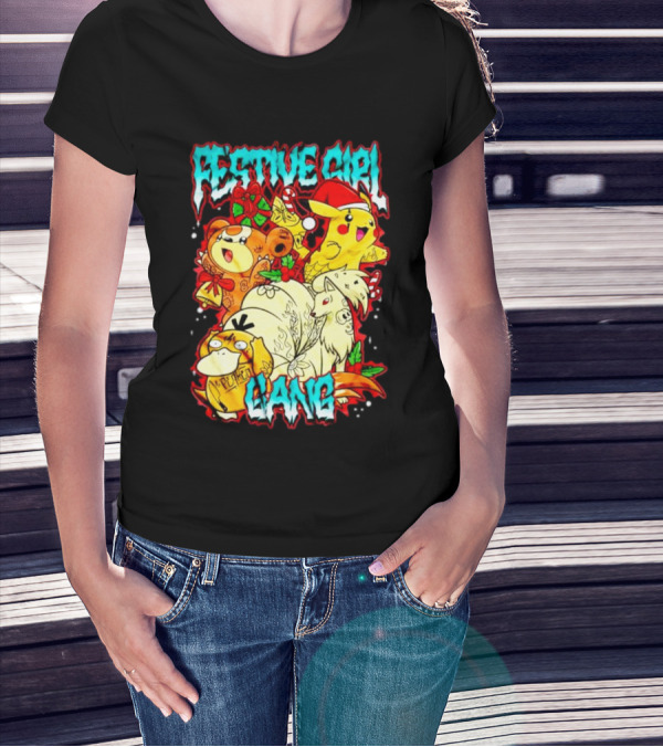 Festive Girl Gang Pokémon Pikachu Psyduck Clefairy Vulpix Christmas T-Shirt