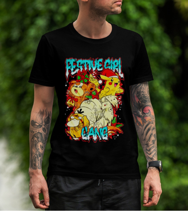 Festive Girl Gang Pokémon Pikachu Psyduck Clefairy Vulpix Christmas T-Shirt