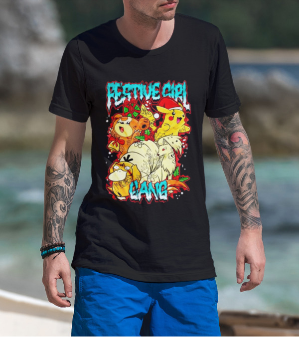 Festive Girl Gang Pokémon Pikachu Psyduck Clefairy Vulpix Christmas T-Shirt
