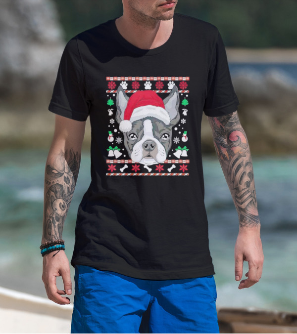 Santa Boston Terrier Ugly Christmas Sweater Paws Bells Snowflakes T-Shirt