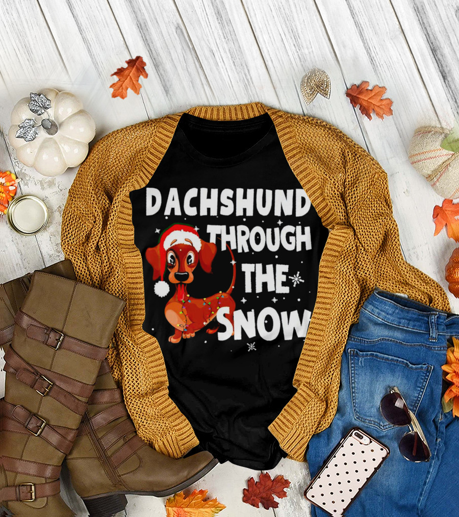 Dachshund Through the Snow Christmas Santa Dog with Lights T-Shirt