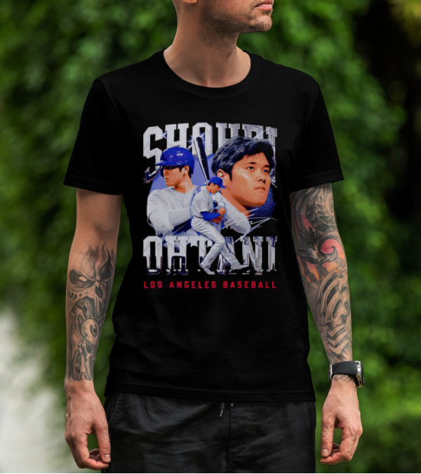 Shohei Ohtani Los Angeles Baseball Player Portrait And Action Scene T-Shirt