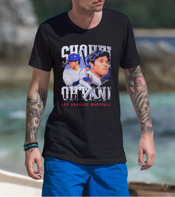 Shohei Ohtani Los Angeles Baseball Player Portrait And Action Scene T-Shirt