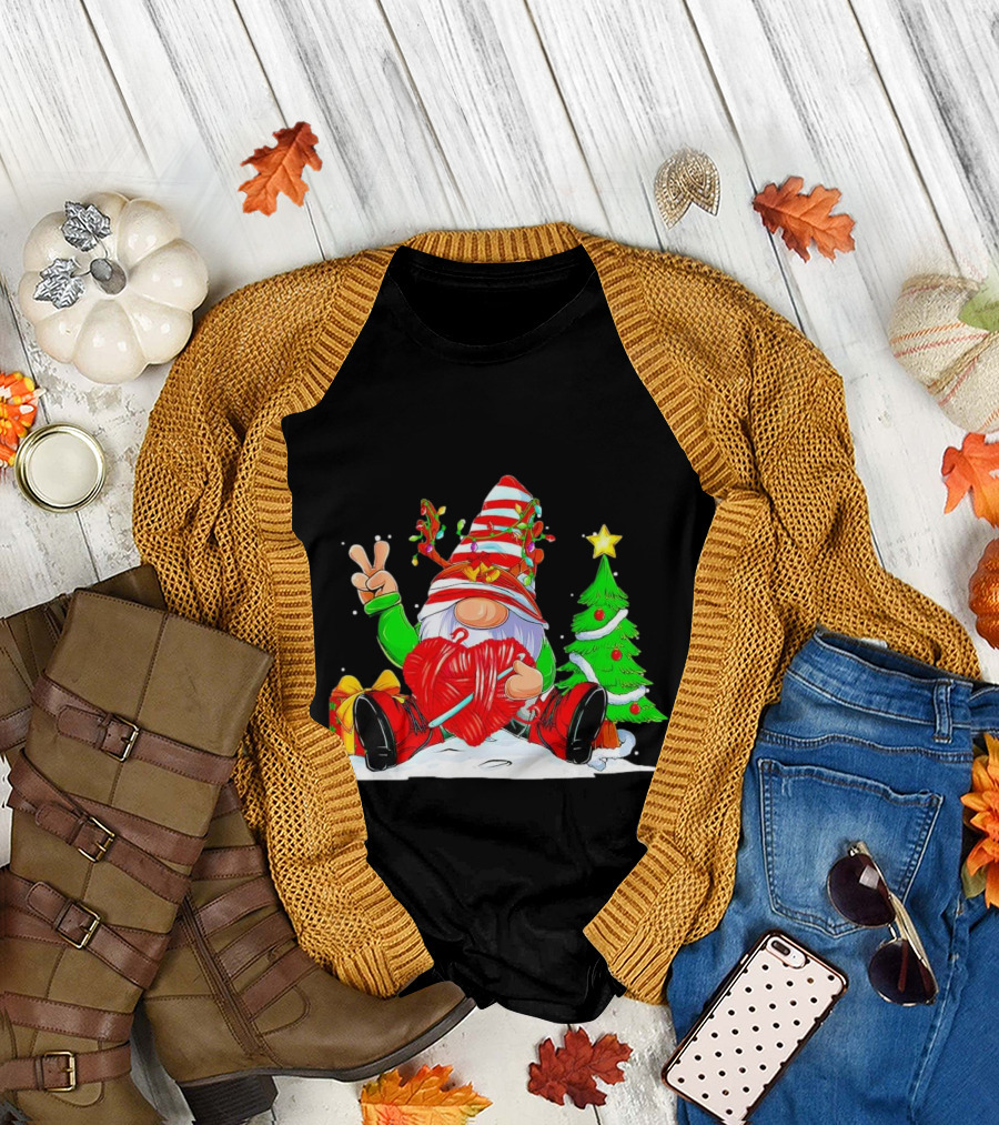 Gnome Love Peace Christmas Crochet Yarn Tree T-Shirt