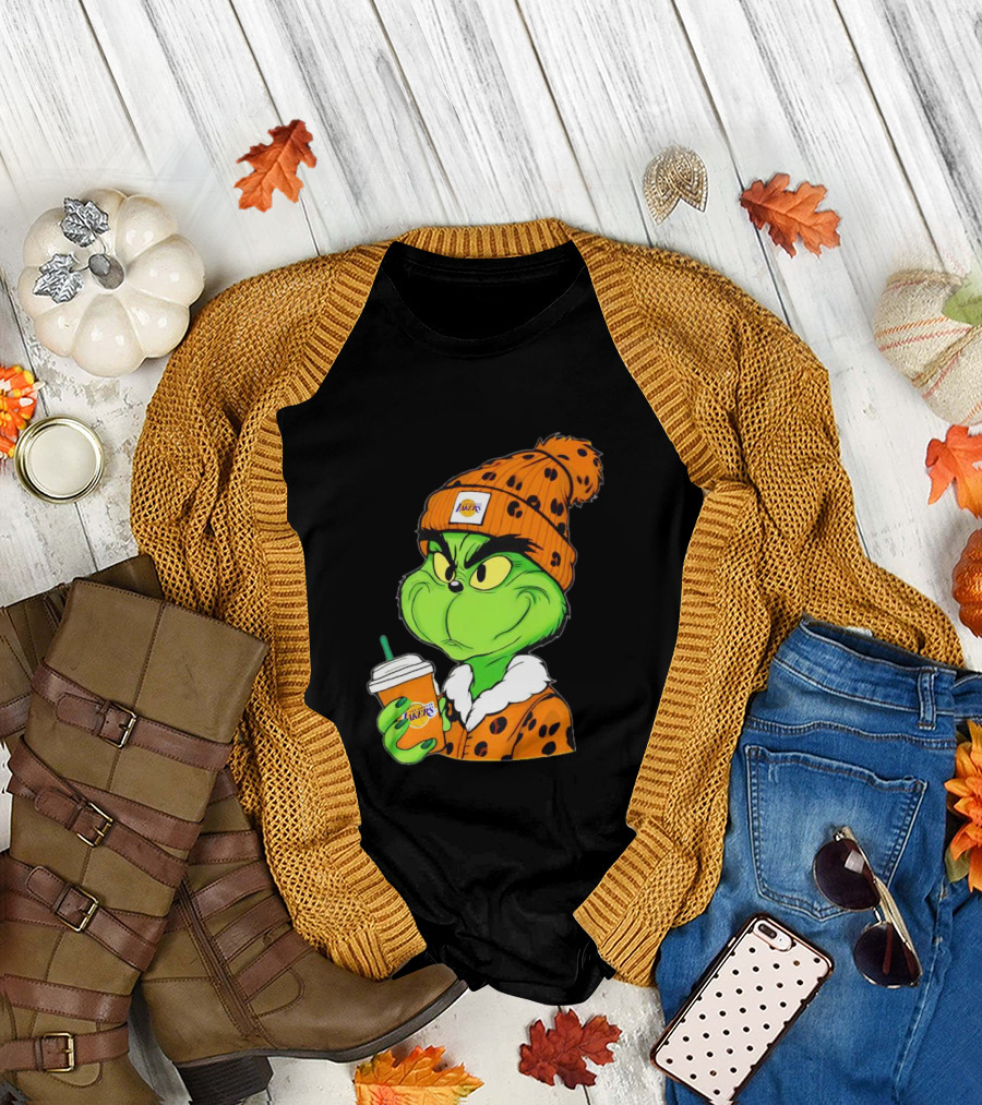 Grinch Drinking Los Angeles Lakers Cup Wearing Beanie T-Shirt