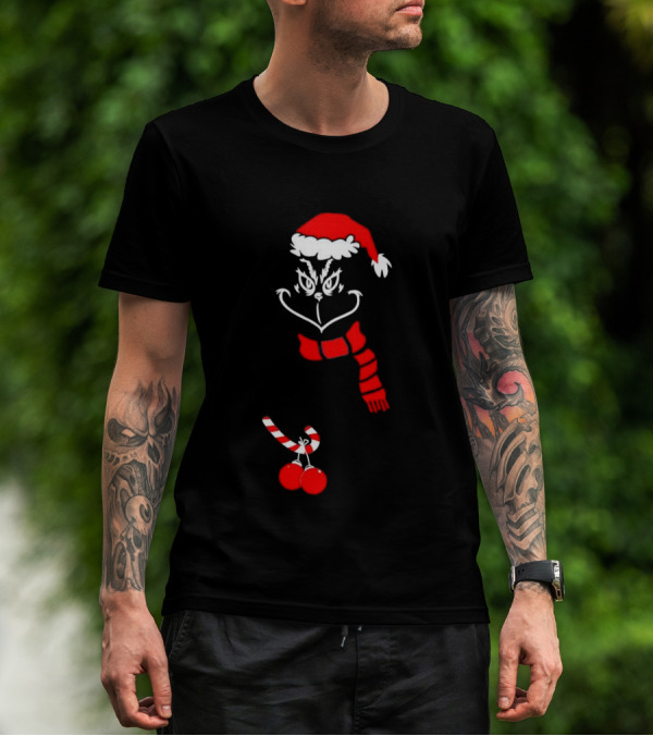 Grinch Santa Hat Scarf Candy Cane Christmas Balls T-Shirt