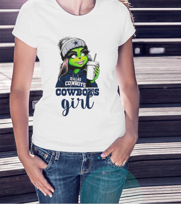 Grinch Dallas Cowboys Girl Drinking Coffee T-Shirt