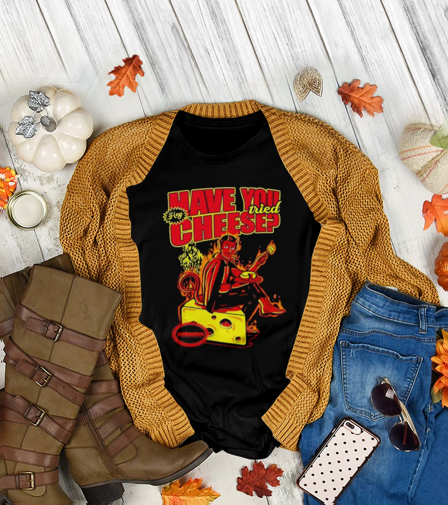 Hey Have You Tried Cheese Devil Sitting on Cheese Block Flame Background Punkmaster Store T-Shirt