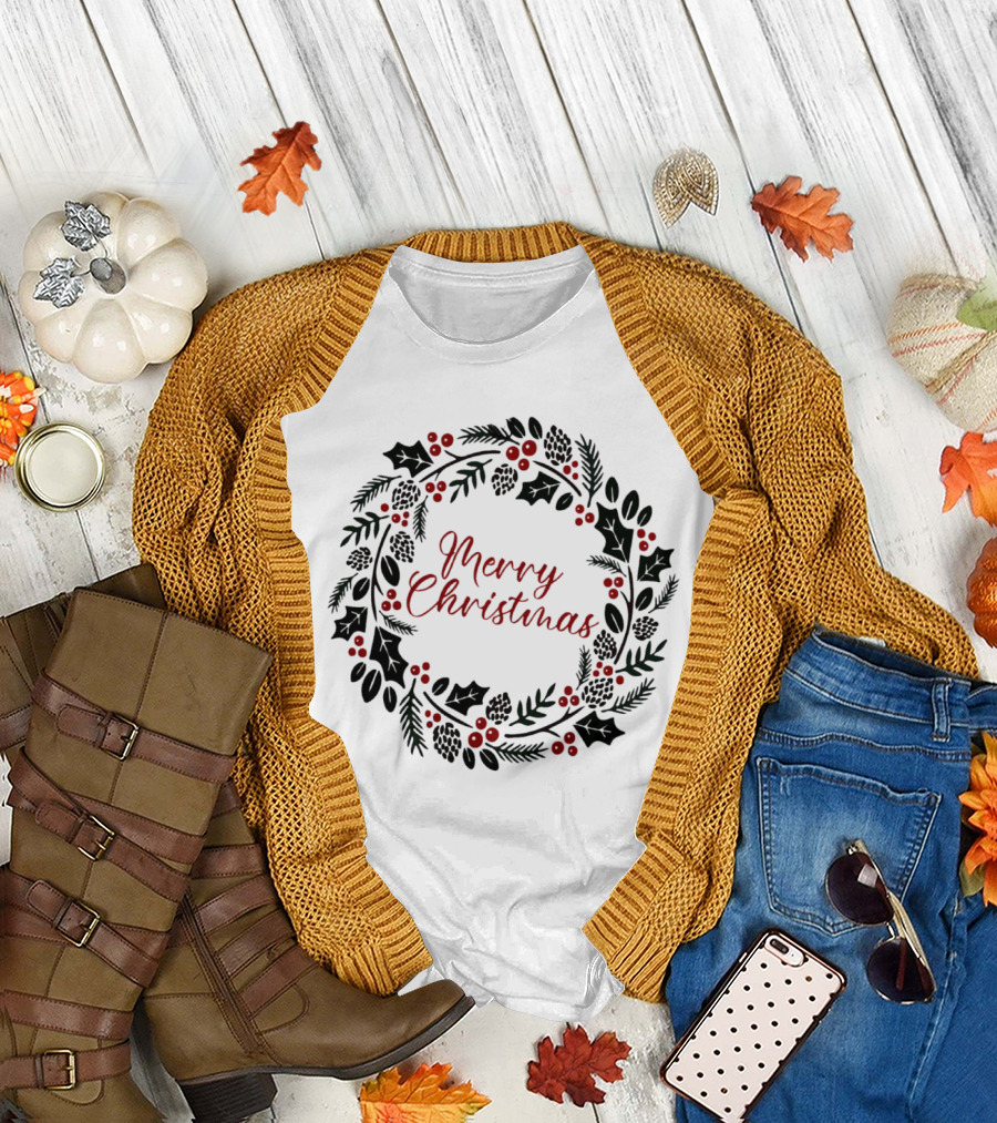 Merry Christmas Wreath with Pinecones and Holly T-Shirt